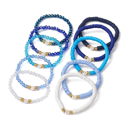 10Pcs Polymer Clay Disc & Glass & Brass Beaded Stretch Bracelets Set, Heart Stackable Bracelets