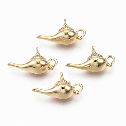 Brass Micro Pave Clear Cubic Zirconia Pendants, Nickel Free, Magic Lamp