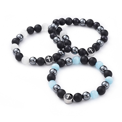 Men's Stretch Bracelets, with Cat Eye, Natural Agate, Non-Magnetic Synthetic Hematite and 304 Stainless Steel Enamel Beads, with Burlap Bags