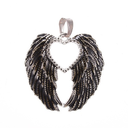Antique Silver Plated Alloy Enamel Pendants, Wing with Heart