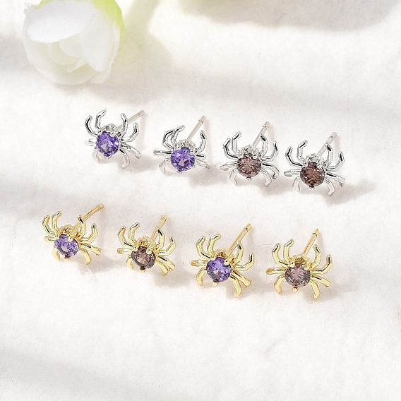 Серьги-гвоздики из латуни с микропаве из кубических цирконий в форме паука, стойки покрытие, долговечный, без кадмия и без свинца