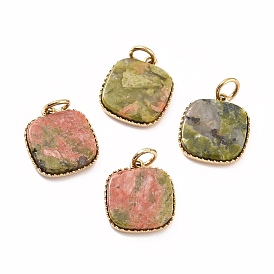 Mixed Gemstone Charms, with Ion Plating(IP) Golden Tone 304 Stainless Steel Findings, Dyed & Heated, Square