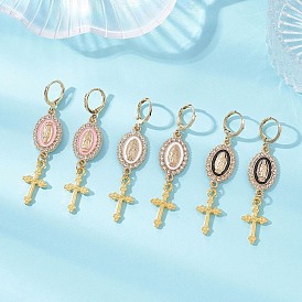 Серьги-кольца из сплава с эмалью, крест с девственной мари, золотые