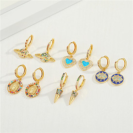 Colorful Zircon Jesus Earrings with Delicate Inlaid Diamonds and Australian Opal Heart Studs