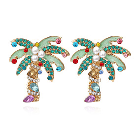 Exquisite Floral Pearl Earrings with Colorful Gems and Coconut Tree Design