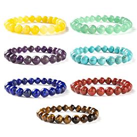 7 pcs 7 bijoux de chakra de style, bracelets extensibles de perles de pierres précieuses mélangées naturelles rondes pour femme fille