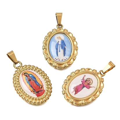 Religion 304 Stainless Steel with Epoxy Resin Pendants, with 201 Stainless Steel Snap On Bails, Oval Charms, Colorful