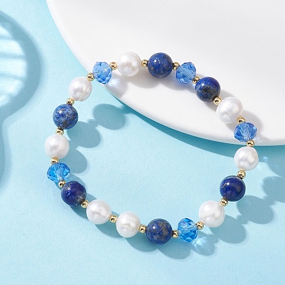 Эластичные браслеты из натуральных драгоценных камней и культивированного пресноводного жемчуга, со стеклянными и латунными бусинами