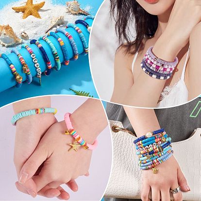 2400Pcs Single Colors Handmade Polymer Clay Beads, Heishi Beads, with 2 Strands Colorful Polymer Clay Beads and 5Pcs Heart Brass Beads