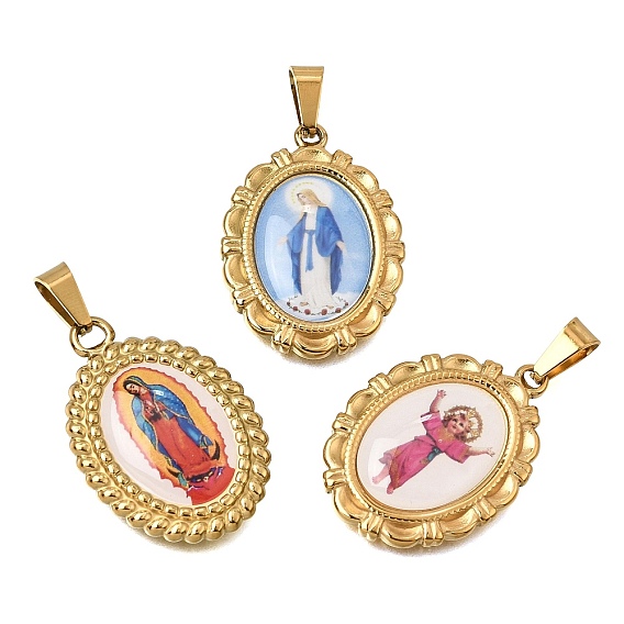Religion 304 Stainless Steel with Epoxy Resin Pendants, with 201 Stainless Steel Snap On Bails, Oval Charms, Colorful