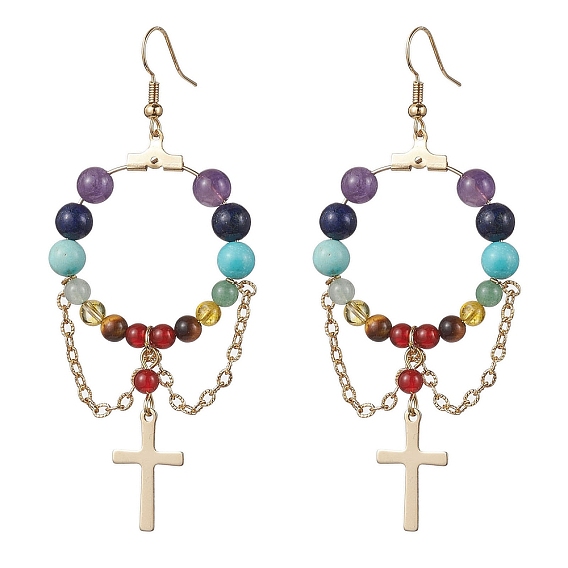 Chakra Theme Natural & Synthetic Mixed Beaded Dangle Earrings, Brass Cross Long Drop Earrings