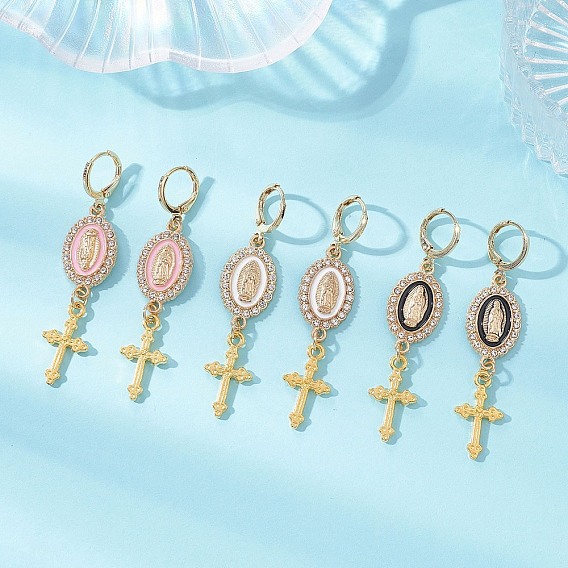 Серьги-кольца из сплава с эмалью, крест с девственной мари, золотые