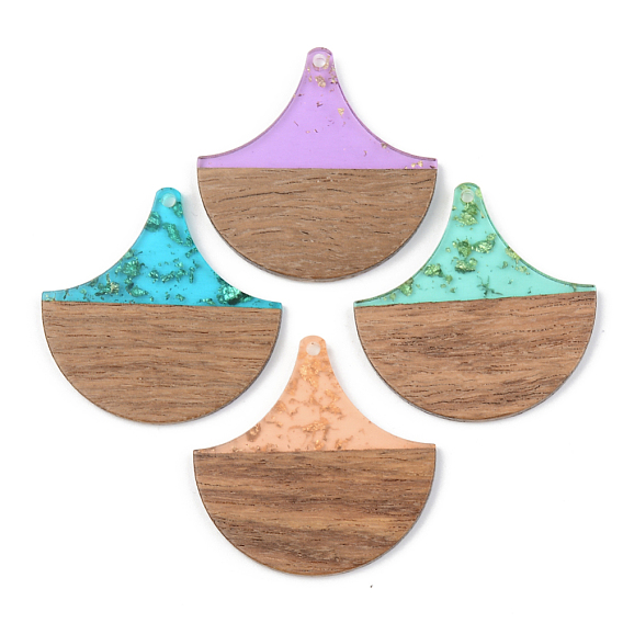 Transparent Resin & Walnut Wood Pendants, with Gold Foil, Fan