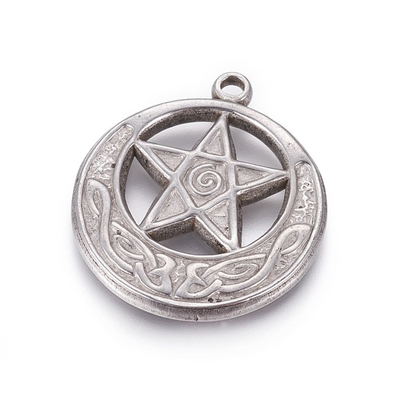 304 Edelstahl Anhänger, Wicca-Anhänger, flach rund mit Stern