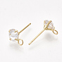 Brass Stud Earring Findings, with Cubic Zirconia and Loop, Clear