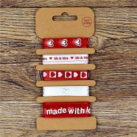 5M 5 Styles Printed Polyester Ribbon, Heart & Word Pattern, for Weddign Party Gift Package
