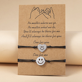 Ensemble de bracelets de couple réglables tressés en fil de cire, carte de bénédiction avec visage souriant en acier inoxydable