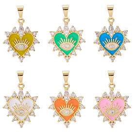 Nbeads 6Pcs 6 Colors Brass Clear Cubic Zirconia Pendants, with Enamel, Long-Lasting Plated, Real 18K Gold Plated, Heart and Eye
