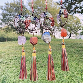 Natural Gemstone Alloy Pendant Decoration, with Natural Mixed Gemstone Chip and Tassels Pendants, Nuggets with Tree of Life