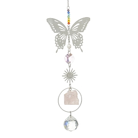 Солнце в форме бабочки 201 подвеска-ловец солнца из нержавеющей стали и натурального розового кварца, 7 Подвесная стеклянная призма в виде чакры для создания радуги в качестве украшения дома