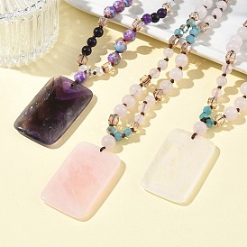 Natural Gemstone Rectangle Pendant Glass Beaded Long Necklaces