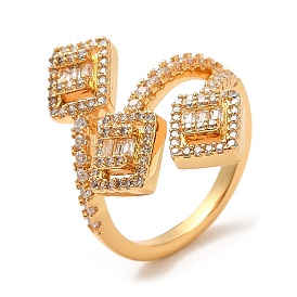 Rack Plating Brass Rectangle Open Cuff Rings with Cubic Zirconia, Lead Free & Cadmium Free