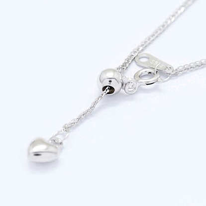 Adjustable 925 Sterling Silver Wheat Chain Necklaces, with Spring Ring Clasps and Heart Charm