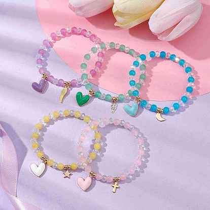 Glass Round Beaded Stretch Bracelets, with Alloy Wing & 304 Stainless Steel Heart Charms