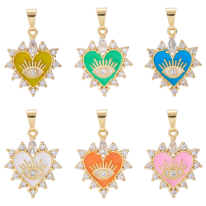 6Pcs 6 Colors Brass Clear Cubic Zirconia Pendants, with Enamel, Long-Lasting Plated, Real 18K Gold Plated, Heart and Eye