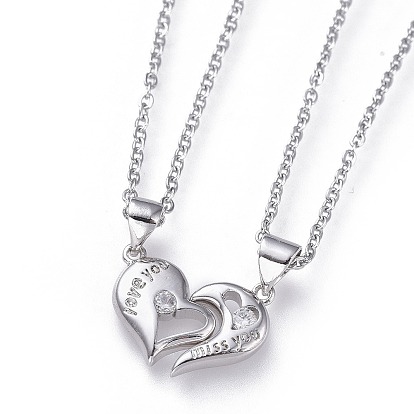 Valentine's Day Jewelry, 304 Stainless Steel Pendant Couple Necklaces Sets, with Cubic Zirconia, Cable Chains and Lobster Claw Clasps, Split Heart, Clear