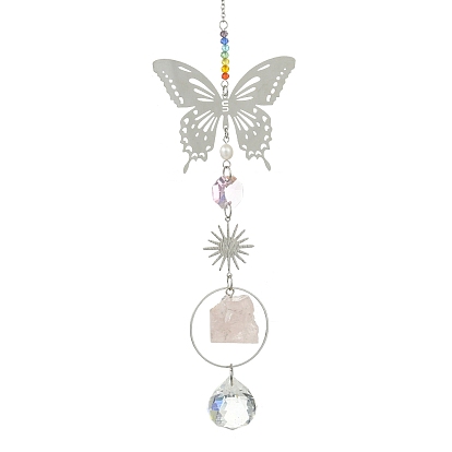 Солнце в форме бабочки 201 подвеска-ловец солнца из нержавеющей стали и натурального розового кварца, 7 Подвесная стеклянная призма в виде чакры для создания радуги в качестве украшения дома