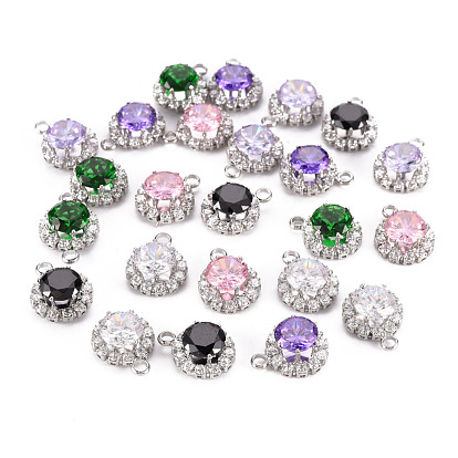 Glass Charms, with Platinum Tone Brass Findings, Faceted, Flat Round