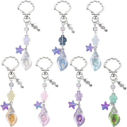 7Pcs 7 Colors Conch Luminous Transparent Acrylic & Glass Pendant Decorations, Alloy Swivel Clasps Charms for Bag Ornaments