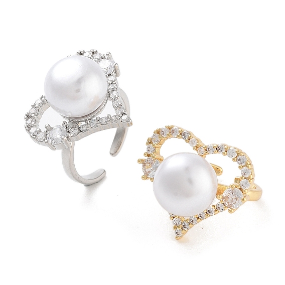 Открытое кольцо-манжета из латуни с микро-паве в виде сердца для женщин с кубическим цирконием, без кадмия и без свинца, с абс пластмассовыми шариками