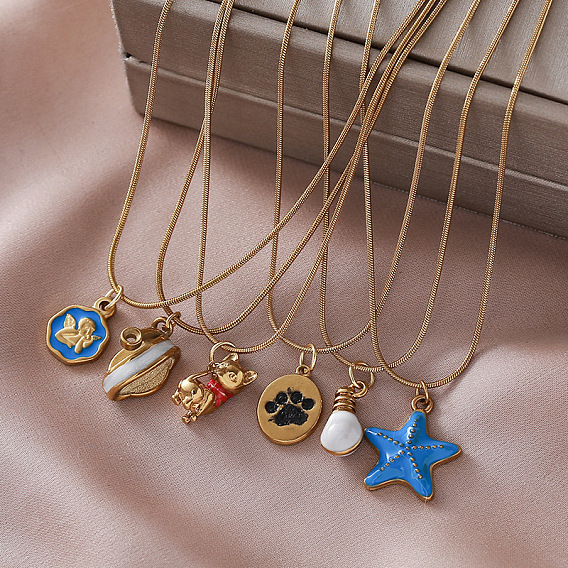 Vintage 304 Stainless Steel Starfish Angel Light Bulb Pendant Necklaces for Women, Golden