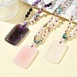 Natural Gemstone Rectangle Pendant Glass Beaded Long Necklaces