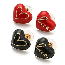Heart & Word Love Enamel Asymmetrical Earrings, Golden Alloy Stud Earrings with 925 Sterling Silver Pins for Valentine's Day