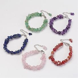 Natural Gemstone Chip Beads Bracelets, with Tibetan Style Beads and Brass Lobster Claw Clasps