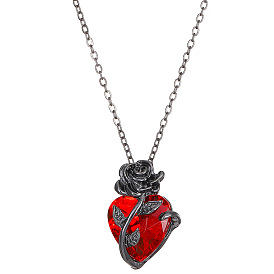 Valentine's Day Theme Glass Heart with Rose Pendant Necklaces, with Alloy Chains