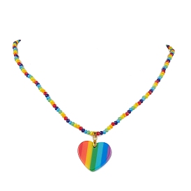 Rainbow Heart Plastic Stripe Pendant Necklaces, Glass Beaded Necklaces for Women