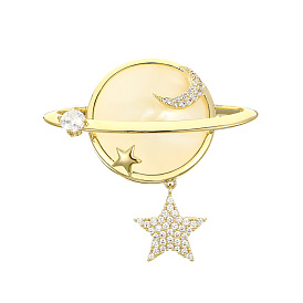 Clear Cubic Zirconia Planet & Star Lapel Pin, Brass Badge for Jackets Hats Bags