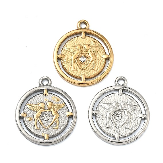 Кованые 304 подвески из нержавеющей стали, плоская круглая форма с двойными подвесками в виде ангелов