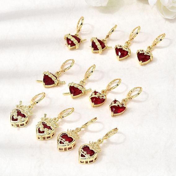 Серьги-кольца из латуни и стекла в форме сердца, долговечный, без кадмия и без свинца