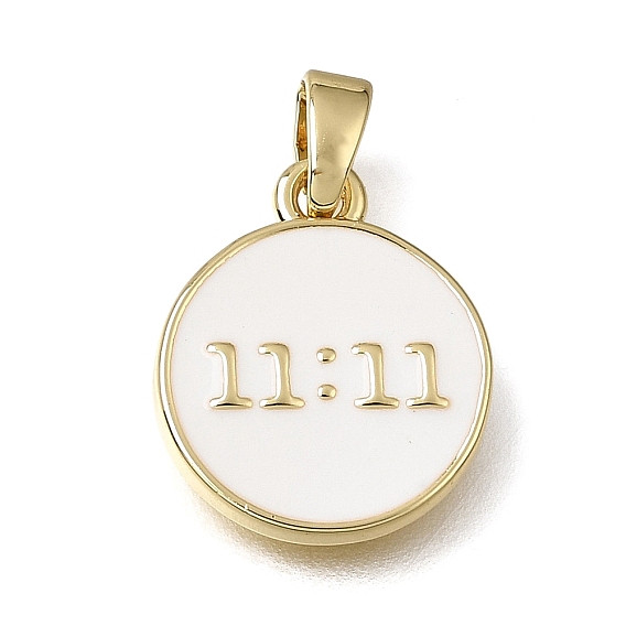 Brass with White Enamel Pendants, Flat Round with Number 11:11 Charms, Rack Plating, Long-Lasting Plated, Cadmium Free & Lead Free
