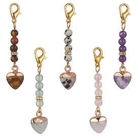 Heart & Round Gemstone Pendant Decoraiton, with Alloy Swivel Lobster Claw Clasps