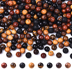 270 шт. 6 стили натуральные вощеные деревянные бусины, круглые, с бусинами из лавового камня и бусиной из тигрового глаза
