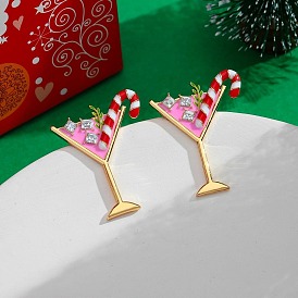 Рождество сплава эмали серьги, со стразами, напиток с леденцом-тростью