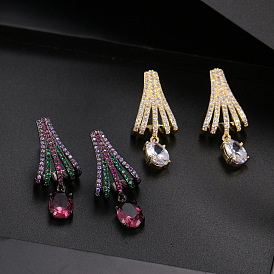 Латунь микро проложить кубический цирконий болтаться серьги стержня, веер с овалом