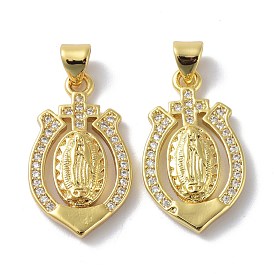 Brass Micro Pave Clear Cubic Zirconia Pendants, Long-Lasting Plated, Cross with Virgin Pattern