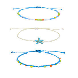 Bohemian Style Colorful Beaded Anklet Set with Waterproof Wax Thread for Hawaii Beach Vacation